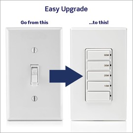 Leviton Countdown Timer Switch for bathroom fan and household lights, 10-20-30-60 min, No Neutral Required, Single Pole, 15A, 1/2HP/9.8A Fan/Motor, DT160-1LW, White