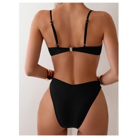 SweatyRocks Women's 2 Piece Bikini Set Spaghetti Strap High Cut Push Up Underwire Swimsuit Solid Black X-Large