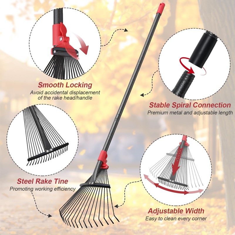 Garden Rake for Leaves: 70 Inch Adjustable Long Handle 18