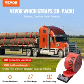 VEVOR Truck Straps, 4" x30' Heavy Duty Tie Down w/Flat Hooks 18,000lbs Break Strength, WLL# 6000lbs, Cargo Straps tie Down for Flatbeds, Trucks, Trailers, Farms, Rescues, Tree Saver, Red(10 Pack)