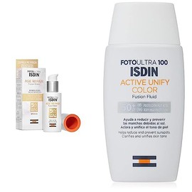 ISDIN FotoUltra Age Repair Fusion Water SPF 50, Protector Solar Facial de fase acuosa 50ml + FotoUltra 100 Active Unify SPF 50+, Protector Solar Facial con color, 50 ml