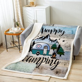 Erosebridal Kids Camping Blanket Happy Camping Throw Blanket for Boys Girls Western Rustic Farmhouse Style Fleece Blanket Vintage Old Barn Door Print Fuzzy Blanket Camper Decor Plush Blanket 50"x60"