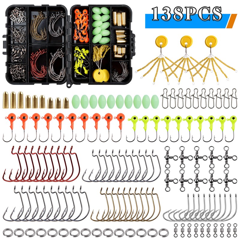 138pcs Fishing Accessories Set with Tackle Box Including Offset Worm