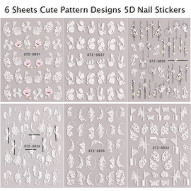 5D Flowers Nail Art Stickers - 6 Sheets Relief Flower Nail Decals Self-Adhesive - White Flowers, Butterfly - DIY Floral Nail Decorations for Women