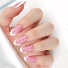 30Pcs French Tip Press on Nails Short Almond Fake Nails Glossy Acrylic Nails Press Ons Jelly Gel Glue on Nails White Tips False Nails Full Cover Stick on Nails for Women Girls
