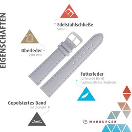 MARBURGER Watch Strap 20 mm Leather Smooth Tool Assembly Set 80720, grey / silver, Classic