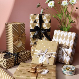 Gift Wrapping Paper 8 Birthday Wrapping Paper Sheets Brown Wrapping Paper Women Men Girls Boys Black Gold Wrapping Paper Gift Wrap Paper for Birthday Father's Day Baby Shower Graduation Party, 50X70CM