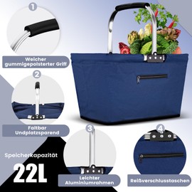 Yeabett 22L Shopping Basket, Practical Folding Basket, Shopping Bag with Padded Handles for Travel, Picnic, Shopping, Gifts (Blue)