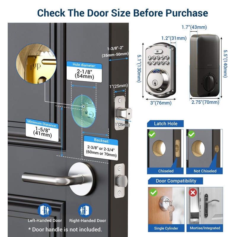 Veise Fingerprint Door Lock, Keyless Entry, Auto Lock, Electronic Keypad