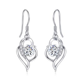 Shuxin Silver Dangle Drop Earrings for Women, 925 Sterling Heart Earrings, with White AAA Cubic Zirconia, Hypoallergenic Jewellery for Sensitive Ears, Suitable for Women Girls, Come in Jewellery Box