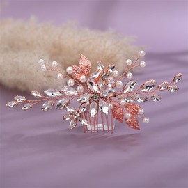 Aimimier Bridal Clear Crystal Hair Comb Beads Leaf Hair Side Comb Flower Rhinestone Marquise Hair Piece Wedding Hair Accessories for Women and Girls (Rose gold)