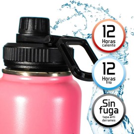Botella deportiva – Termo de acero inoxidable 18/8 con tapa antiderrames, doble pared, mantiene bebidas frías 24 horas y calientes 12 horas, incluye asa para fácil transporte (rosa, 32oz)