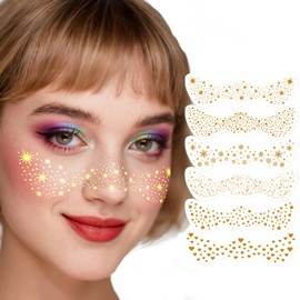 Glitter Freckles Face Tattoo, 6 Pcs Face Glitter Freckles Gold for Kids Women, Fake Sparkle Temporary Tattoos Stickers for Girls and Adults Festival Makeup Accessories Face Decor, Gold