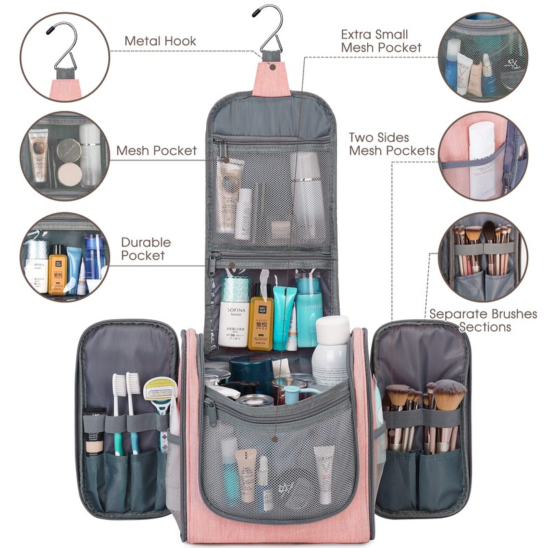 Travel toiletry bag for hanging, Pink (Large)