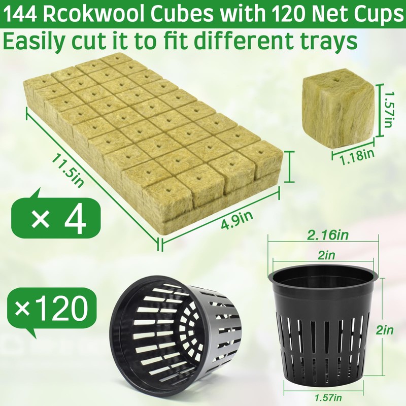 Halatool 144PCS 1.2-Inch Rockwool Cubes with 120PCS 2-Inch Net Cups