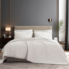 Wonderful Luxury Velvet Queen Corduroy Quilt Set 3 PCS Striped Stitching Comforter, Pet-Friendly, Tear and Slip Resistant, Lightweight Soft Bedding Set for All Seasons (94x94,Ivory)