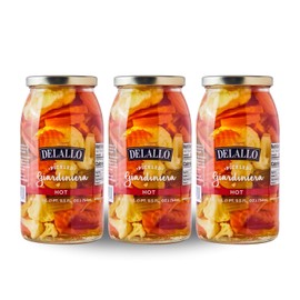 DeLallo Hot Giardiniera, 25.5 Ounce Jar, (3 Pack), Spicy Hot Mixed Vegetable Condiment for Sandwiches and Burgers, 100% Cured, Gluten Free, Non-GMO, Grown in Greece