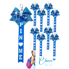 KAFUN 8PCS Cheer Pin Me Ribbon Cheerleader Pin Me Bow Cheer Bow Keychain with Rhinestones Cheerleading Sports Accessory Gift (Blue)