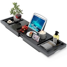 Foldable Bathtub Caddy Tray for Tub,Bamboo Expandable Bath Table Trays,Premium Bathroom Accessories for New Home & Mothers Day & Birthday Gifts for Couples,Black