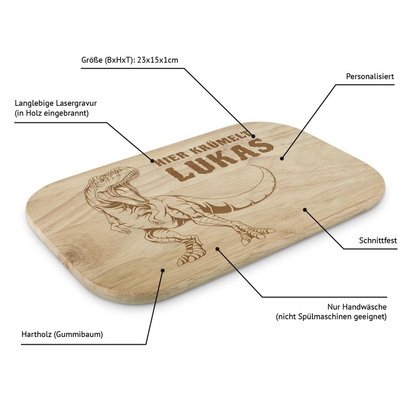 Personalisiertes Frühstücksbrettchen "Dinosaurier" Motiv, Ihr Text mit Laser in Gummibaum