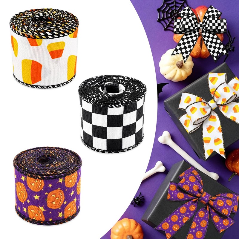 3 Rolls Halloween Wired Edge Ribbon Checkered Pumpkin Candy Corn