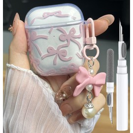 Cute Case Airpod 2nd 1st Generation Case for Girly Bow Pattern Fashion Design Bowknot Aesthetic Shockproof Air pod Gen 2 & 1 Headphone Cover, with Cleaning Kit & Bow Pearl Keychain