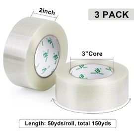 BOMEI PACK 3-Pack Mono Filament Strapping Tape 5.5mil x 2Inch x 50yds Heavy Duty Transparent Reinforced Fiberglass Tape