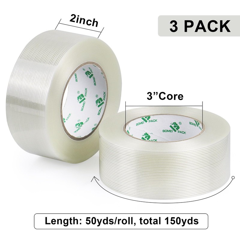 BOMEI PACK 3-Pack Mono Filament Strapping Tape 5.5mil x 2Inch
