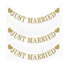 Guttiuaa Just Married Banner, 3 Pcs Gold Glitter Wedding Bunting Decoration