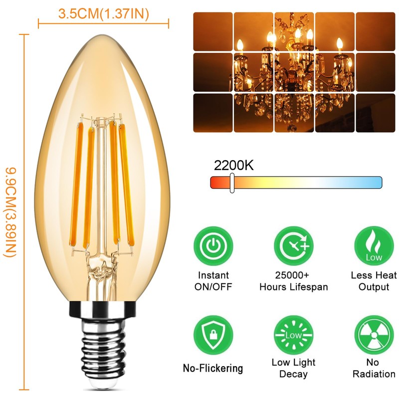 24-Pack Dimmable E12 LED Candelabra Bulbs 40Watt Equivalent, 2200K Amber