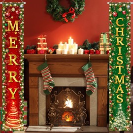 Christmas Decorations - Merry Christmas Door Banner Winter Xmas Front Door Porch Sign Red and Green Xmas Hanging Door Banner for Winter Holiday,Christmas Party Supplies
