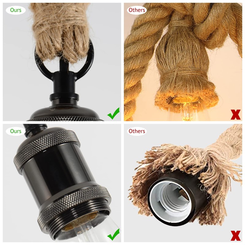 COOBATG Industrial Hemp Rope Chandelier;Single Head Farmhouse Pendant Lights E26