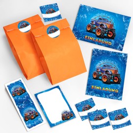 JuNa-Experten 6 Invitation Cards Children's Birthday Party Adults Boys Boys Monster Truck / Car Invitation for Birthday Includes 6 Envelopes, 6 Bags / Orange, 6 Stickers, 6 Bookmarks, 6 Pads