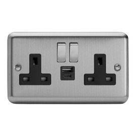 Varilight Double Switched Plug Socket With USB A+C Charging - Value Matt Chrome With Brushed Steel/Black Insert, XS5UACDB