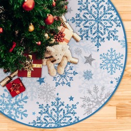 Fzbali Snowflakes Christmas Tree Skirt 72 Inches Lace-up Winter Snow Extra Large Artificial Blue Xmas Tree Skirt, Stars Holiday Party Indoor Decoration Home Decor