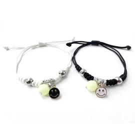 Yudisho 2Pcs Braided Rope Smiley Bracelet,Adjustable Bracelet,Luminous Friendship Bracelet,Black White Friendship Couple Bracelet