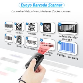 Eyoyo Mini 2D Bluetooth Barcode Scanner, 3 in1 Bluetooth & USB Kabel & 2.4G Wireless Barcode Leser, Portable Bar Code Scannen mit Windows, Android, iOS, Tablets oder Computer(1D 2D QR Schwarz)