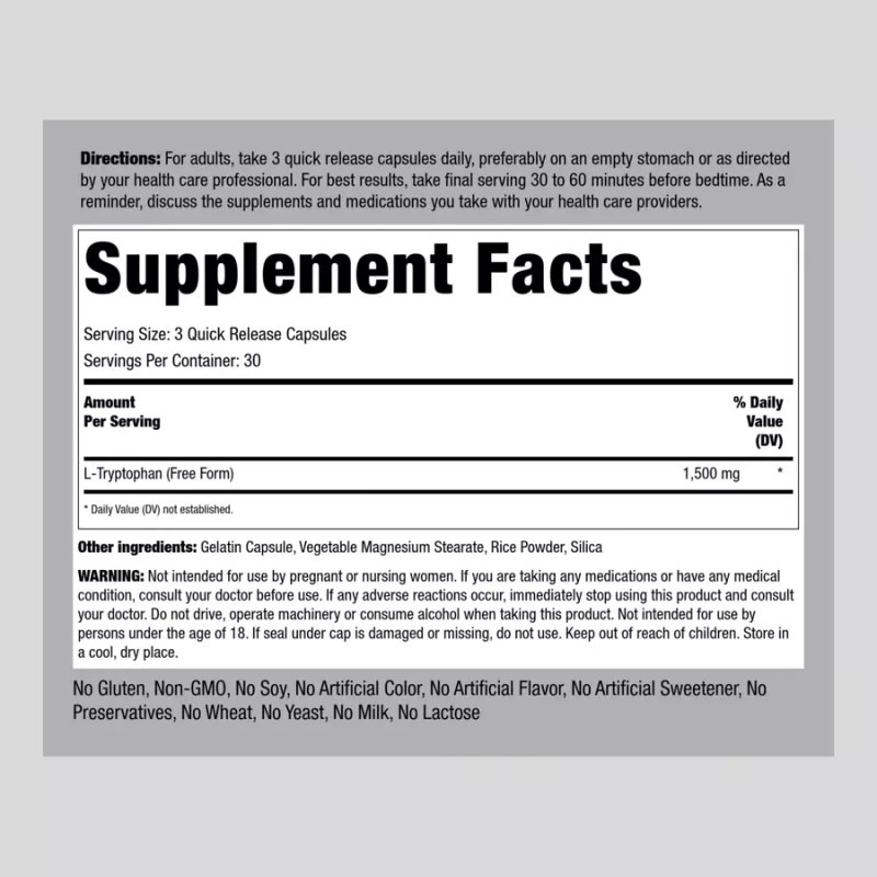 Piping Rock L-Tryptophan Capsules | 1500mg | 90 Count |