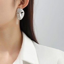 Silver Mask Face Tassel Earrings Statement Dangle Earrings for Women