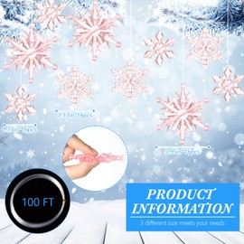 48 Pcs Christmas Acrylic Snowflakes Ornaments Christmas Tree Ornaments Clear Hanging Xmas Crystal Snowflakes Retro with Silver Thread for Christmas Winter DIY Decoration (Pink)