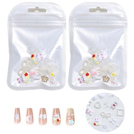 PAVIKE Nail Parts (Set of about 60 Pieces) Nail Decoration Parts, Nail Art, Decorative Parts, 3D, Pearl, Bowknots, Hearts, Cute, Rabbits, Bears, Accessory Parts, DIY, Decorative Materials,