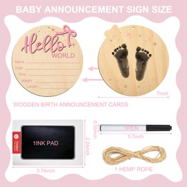 Baby Announcement Sign Set,7inch Round Baby Nursery Name Signs with Ink Wooden Hello World Newborn Sign Photo Prop Baby Shower for Baby Hand and Footprints