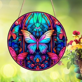 Butterfly Valley Stained Windows Hanging Suncatcher,Flower Butterfly Stained Glass Suncatchers Window Ornament Glass Panel Sun Catcher Wall Hanging Decor Birthday Gift