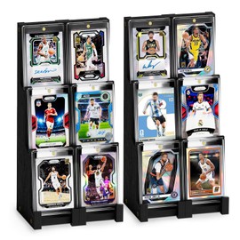 Emfogo Card Display Stand (4 Pack), Wooden 3 Tier Sports Graded Card Display, Trading Card Display Stand for Sports Card Collection & Show, Black