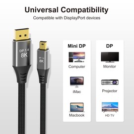 Anehmeta 8K 4K Mini displayport to displayport Cable 8K@60Hz 4K@144Hz Mini dp to dp Aluminum Shell Compatible with iMac, MacBook Air/Pro, Surface Pro and More 2m