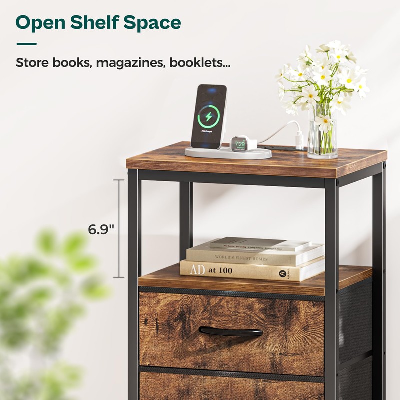 Huuger Nightstand with Charging Station, Fabric Drawers, End Table with