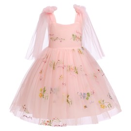 ABEHIK Birthday Party Dress Toddler Flower Girls Dress Sleeveless Spaghetti Straps Backless Floral Embroidered Princess Dresses Summer Wedding Birthday Party Fairy Tulle Tutu Dress Pink 3-4Y