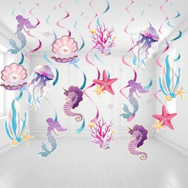 SUNBEAUTY Pack of 30 Mermaid Birthday Decoration Iridescent Mermaid Seahorse Seashell Starfish Hanging Decoration Children's Birthday Decoration Underwater World Party Accessories