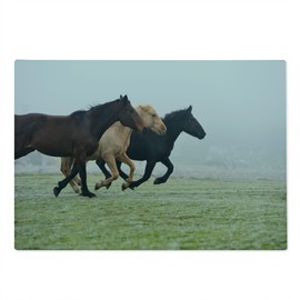 Lunarable Outdoorsy Cutting Board, Strength and Freedom Concept Picture of Running Horses Foggy Fall Day, Decorative Tempered Glass Cutting and Serving Board, Large Size, White Brown and Green