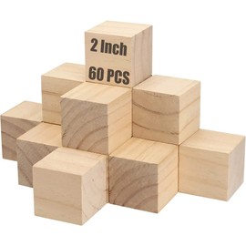 HEIHAK 60 PCS 2 x 2 x 2 Inch Unfinished Wood Blocks, Natural Solid Square Wood Blocks Wooden Cubes for Craft Carving Painting Decoration